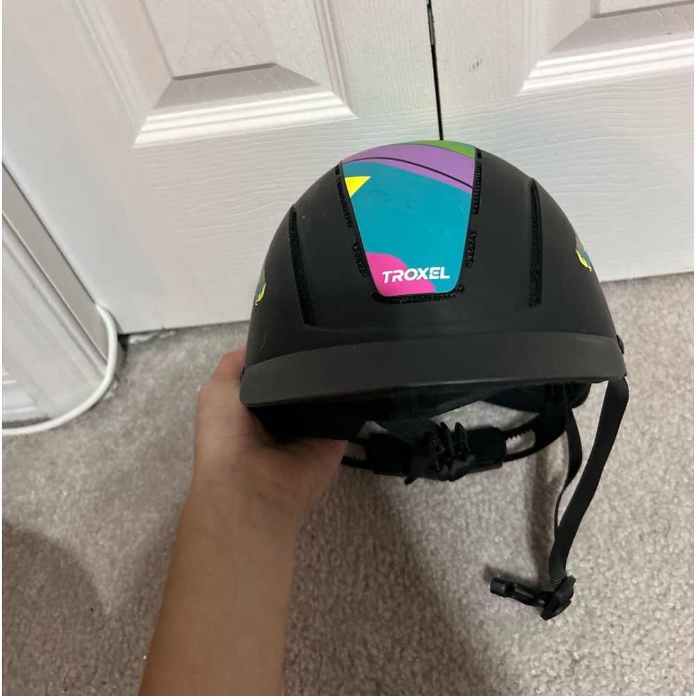 Troxel helmet. In good condition, never fallen in. Some scuffs and scratches.